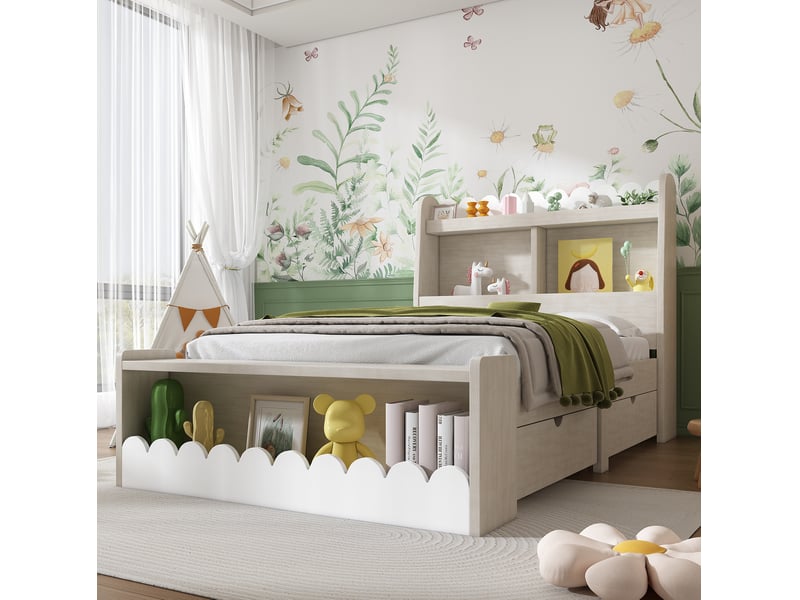  Lit enfant 90 x 190 cm avec tiroirs, rangements et sommier en bois, blanc et chêne clair  - Conforama D