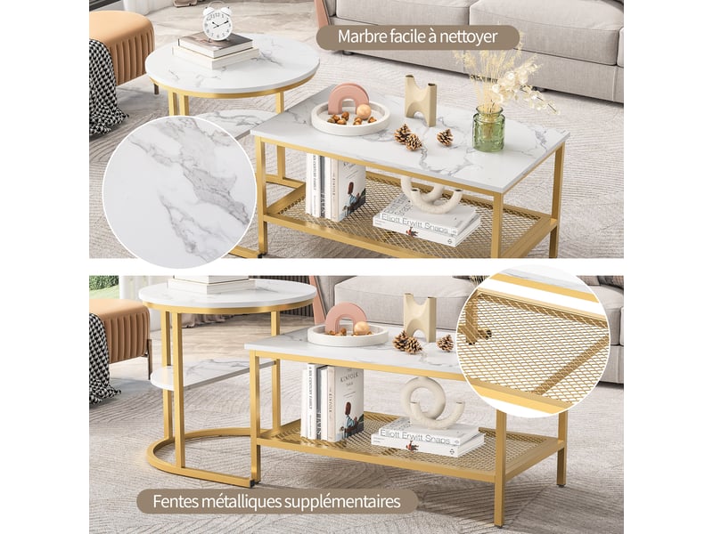  Lot de 2 tables basses, table gigogne design marbre, avec espace de rangement, cadre en métal, pour canapé, salon, chambre  - Conforama W