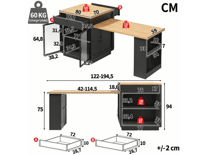  Îlot central extensible noir, 2 tiroirs, portes vitrées et led, 122–194,5 cm  - Conforama C