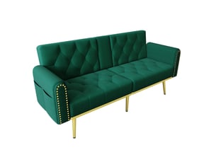 Canapé droit convertible 2 places en velours vert, dossier 3 positions et porte-gobelets pour votre salon