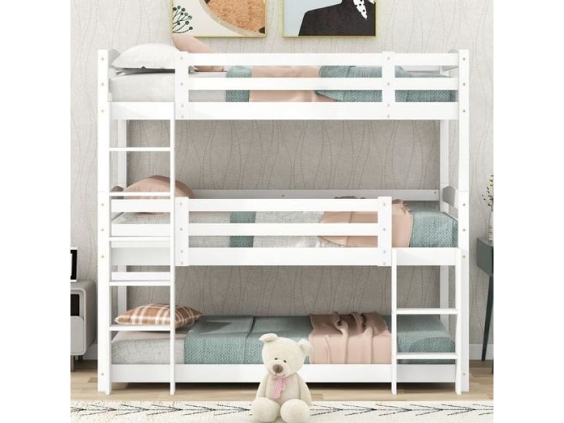  Lit 3 places lit superposé 3 etage métallique multifonction 90180×200 cm, lit extractible, sac de rangement et escalier intégré  - Conforama D
