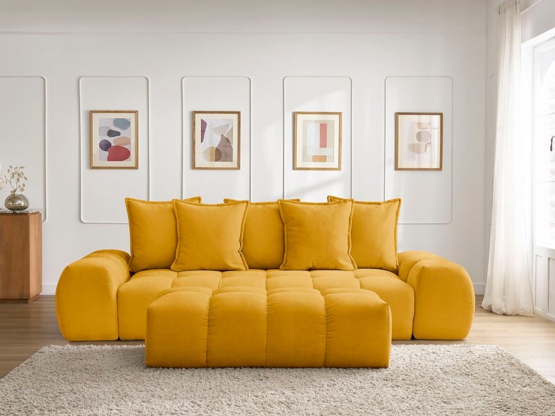  Bobochic canapé droit convertible coffre everest tissu texturé avec pouf jaune EVEREST - Conforama D