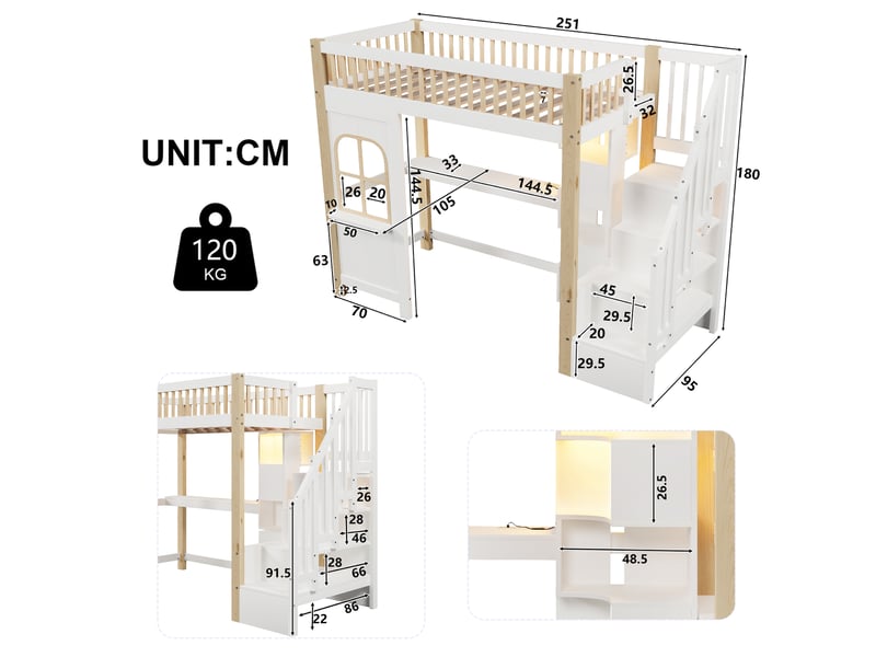 Lit mezzanine blanc et naturel 90x200 cm, led, bureau, prise et escalier-rangement - Conforama C