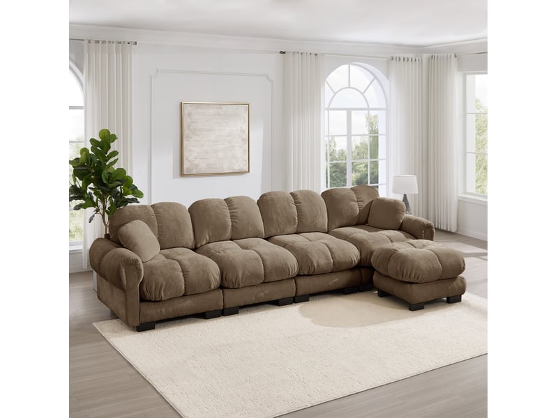 Canapé d’angle 4 places modulable 330x149x90 cm, canapé salon séjour familial avec ottomane déplaçable, chenille, marron - Conforama B