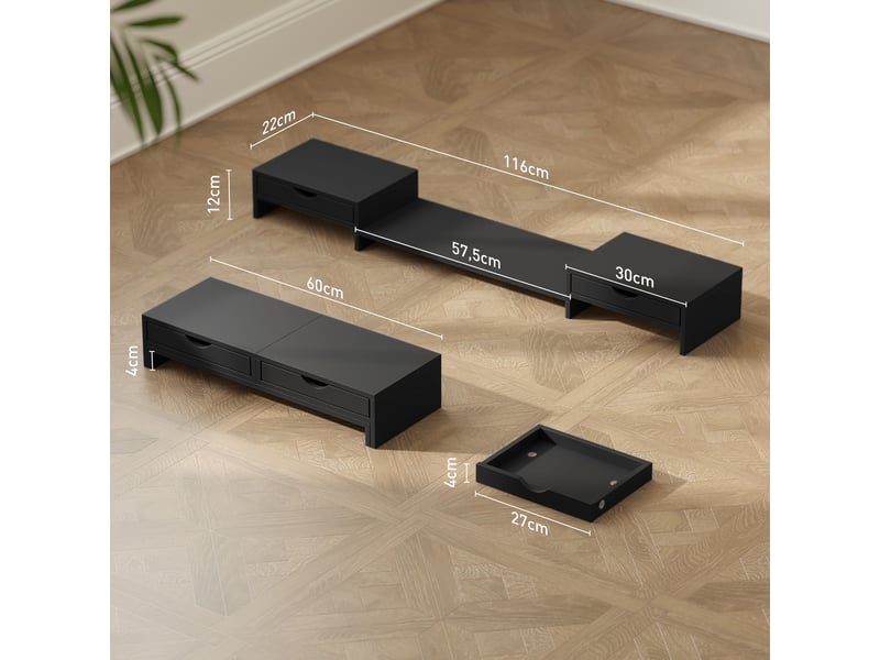  Rehausseur écran pc bureau, support d'écran d'ordinateur de 60-116 cm avec 2 tiroirs, longueur et angle réglables noir  - Conforama C