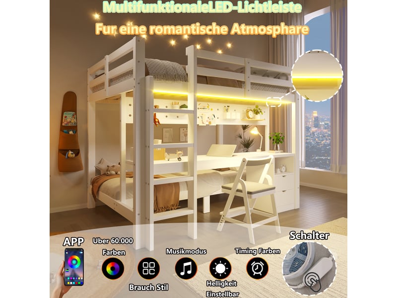  Lit surélevé 90x200 cm et 140x200 cm blanc, tiroirs, bureau, panneau perforé, led, structure en pin, sans matelas  - Conforama E