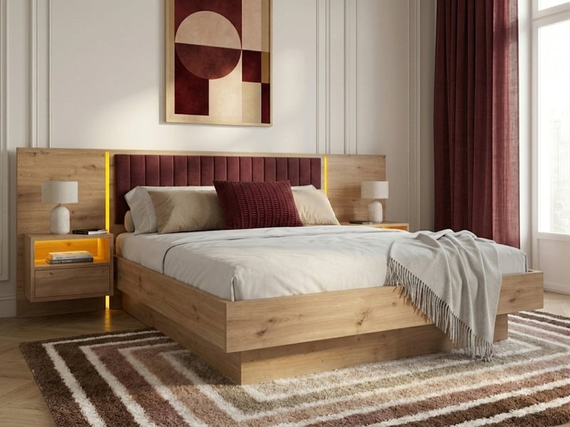 Bobochic lit coffre avec leds riad et chevets intégrés rouge 140x190 RIAD - Conforama D