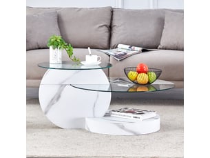 Table basse design verre sécurité 2 niveaux mdf blanc effet marbre