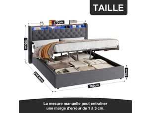 Lit double 160x200 cm avec rangement sous le lit et tête de lit avec étagère gris foncé homvra