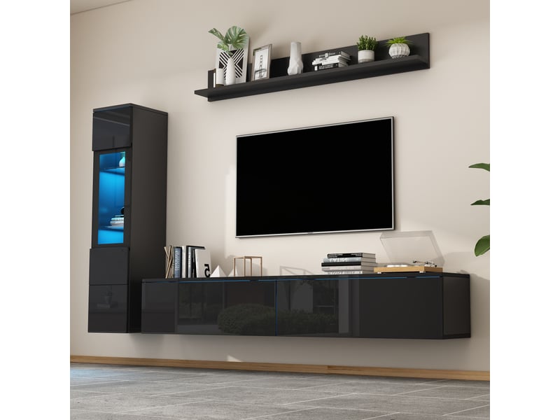  Ensemble meuble tv mural noir 3 pièces avec éclairage led, vitrine et étagère suspendue, pour téléviseur jusqu'à 80 pouces  - Conforama B