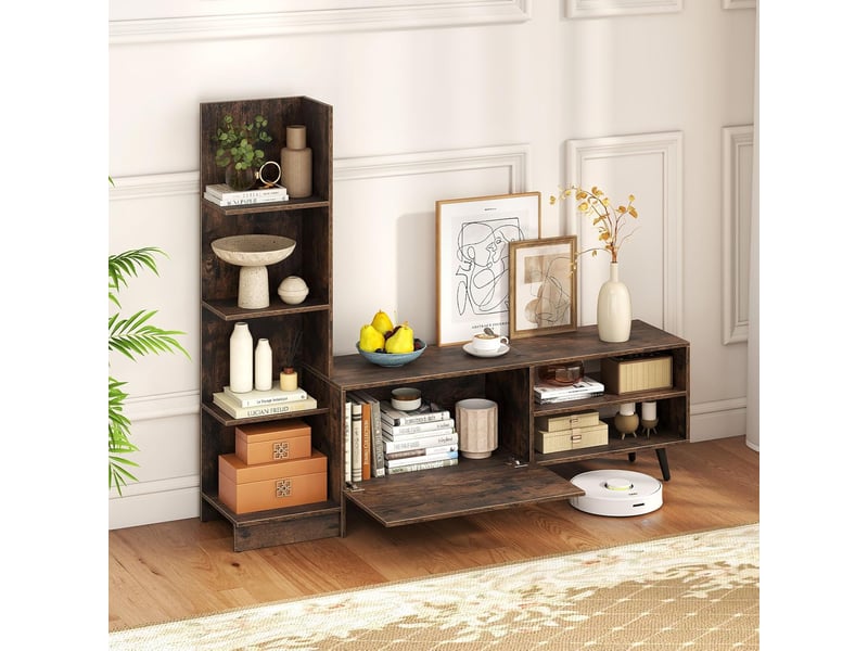 Meuble tv pour téléviseurs jusqu'à 50 pouces, console tv moderne en l avec bibliothèque et étagère réglable sur 3 niveaux, pieds en métal, marron  - Conforama C