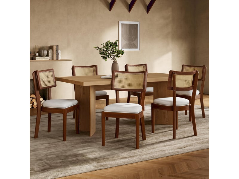  Chaise de salle à manger lot de 2 avec dossier en rotin  - assise rembourrée en lin, bois massif noyer  - Conforama B