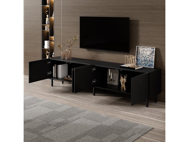  Meuble tv 180x35x49 cm - meuble bas à façade ondulée 3d, 4 portes, 2 espaces de rangement séparés, pieds en métal  - Conforama E