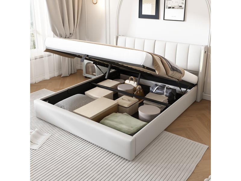  Lit rembourré à led binaurales 180 x 200 cm, sommier hydraulique, port usb rechargeable intégré, éclairage led, espace de rangement, tête de lit réglable, revêtement en galets pu, blanc  - Conforama B