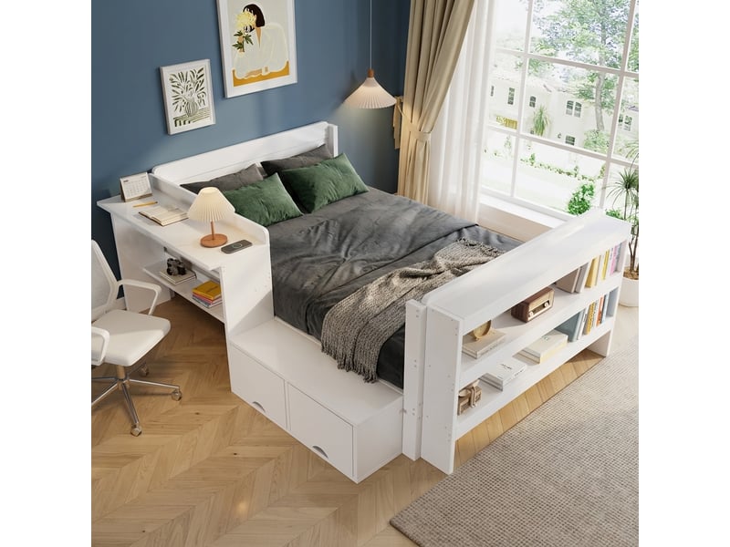 Lit enfant en bois 120x200 cm avec bureau intégré, rangements latéraux, étagère avant et module réversible, lit ado avec espace de travail - blanc - Conforama B