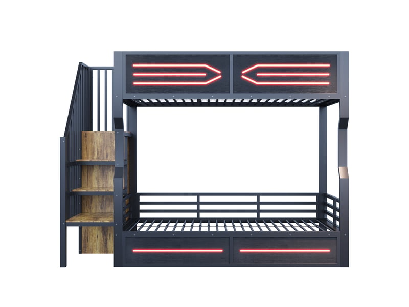  Lit mezzanine 90x200 cm en métal, avec escalier rangement, led et barrières hautes, noir  - Conforama A