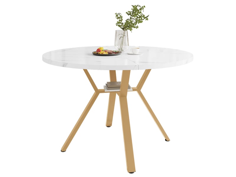  Table à manger ronde 100 cm en mdf effet marbre blanc, piètement acier doré  - Conforama A