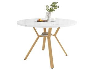 Table à manger ronde 100 cm en mdf effet marbre blanc, piètement acier doré