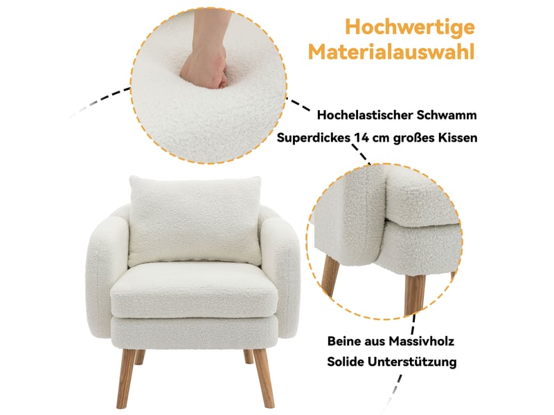  Fauteuil blanc en velours teddy, assise rembourrée avec coussin, structure bois massif et métal, design moderne pour salon  - Conforama E