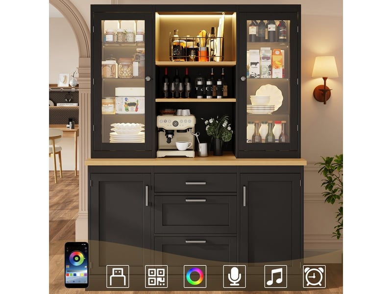  Armoire de cuisine avec éclairage led contrôlé par application 185x140x40cm 3 tiroirs plan de travail étagères réglables noir  - Conforama B