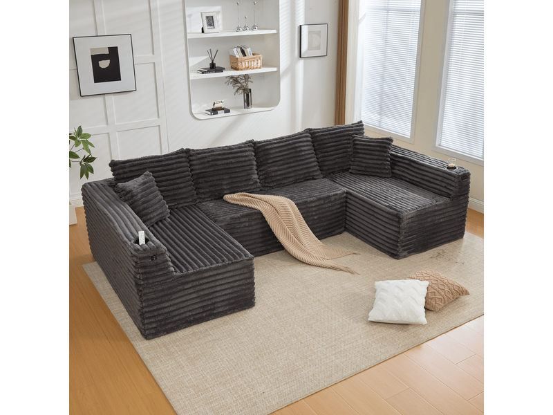  Canapé modulable en u pour salon, canapé en velours côtelé avec porte-gobelets, 4 coussins et assise ergonomique, 320 x 155 x 88 cm  - Conforama R