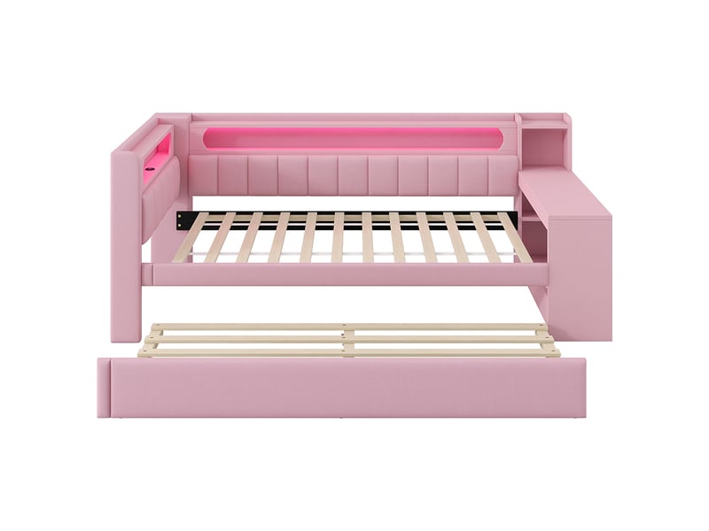 Canapé-lit rembourré 90 x 200 cm avec port usb et bande led, avec lit gigogne et bureau, tissu lin, rose - Conforama D