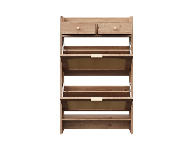  Meuble à chaussures en rotin 65 x 25 x 106 cm – 2 abattants modulables et 2 tiroirs – mdf - naturel  - Conforama A