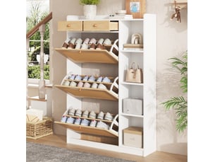 Meuble à chaussures en rotin 90 x 24 x 130 cm, 3 portes abattantes, étagères réglables, 2 tiroirs, rangements ouverts
