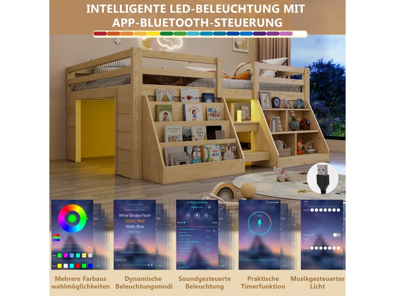 Lit mi-hauteur 140 x 200cm, éclairage led, étagères réglables, garde-corps, échelle sécurisée, table intégrée, bois de pin, naturel evarich - Conforama D