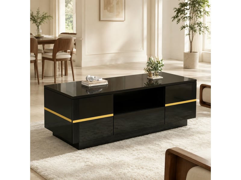  Table basse led avec 2 portes, 1 tiroir et niche ouverte, finition brillante noire et accents dorés, 100 × 50 × 35,5 cm  - Conforama D