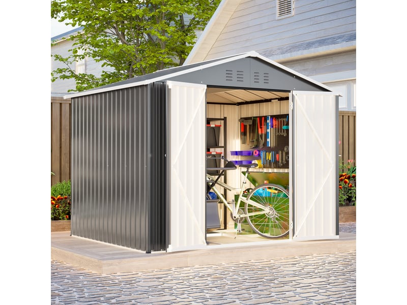 Abri de jardin en métal 8 x 6 ft, 240,4 x 192,3 x 191 cm, rangement extérieur avec double porte verrouillable et ventilation, gris Luxe haut de gamme - Conforama D