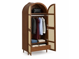 Armoire avec tringle, étagères et tiroirs, portes en rotin, pour chambre ou entrée, en mdf, 80×50×179 cm, noyer