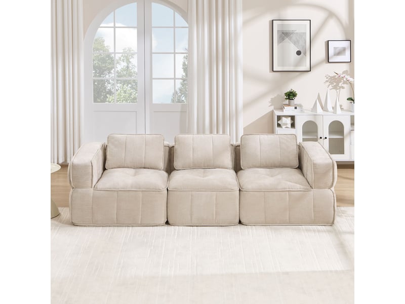  Canapé modulable 3 places 271 cm, assise profonde, mousse haute densité 32d, tissu polyester, sans montage, beige  - Conforama B