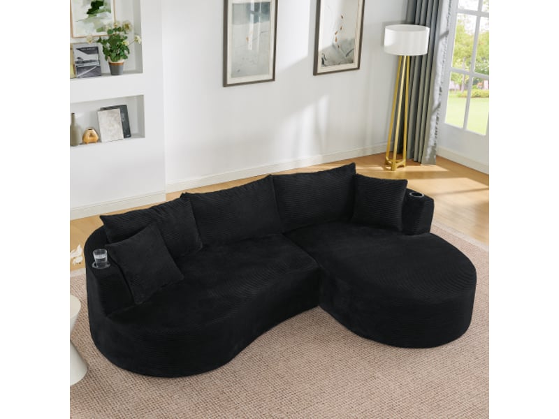  Canapé 3 places noir velours côtelé compact – chaise longue droite + 2 places arc, porte-gobelets intégrés  - Conforama B