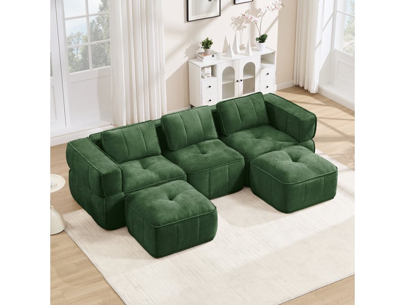 Canapé panoramique en u modulable 3 places avec 2 poufs, assise profonde et base antidérapante en polyester vert - Conforama B