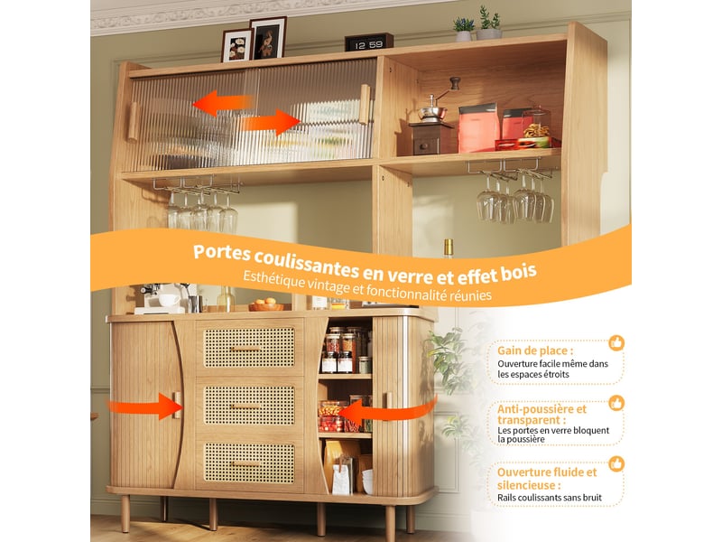  Buffet haut 140 x 40,5 x 174,5 cm naturel, façade effet rotin, portes vitrées ccoulissantes, 3 tiroirs et porte-verres  - Conforama E