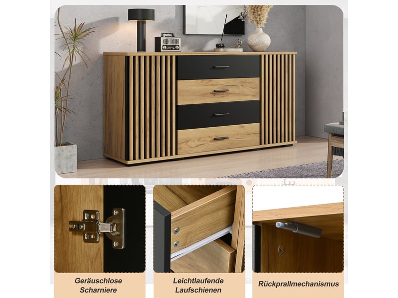 Buffet noir 140 × 35 × 70 cm, en mdf, avec 2 portes, 4 tiroirs, étagères réglables et façades texturées - Conforama D