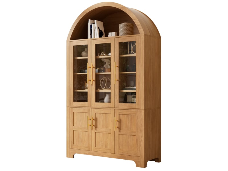  Buffet haut moderne 110x40x185 cm avec niche ouverte en arc, 3 portes vitrées, tablettes réglables, mdf, naturel  - Conforama A