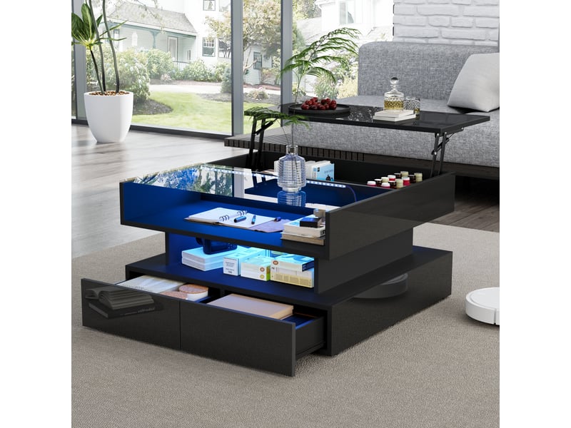  Table basse relevable noire 80x80 cm avec rangement caché et led - plateau verre trempé  - Conforama R