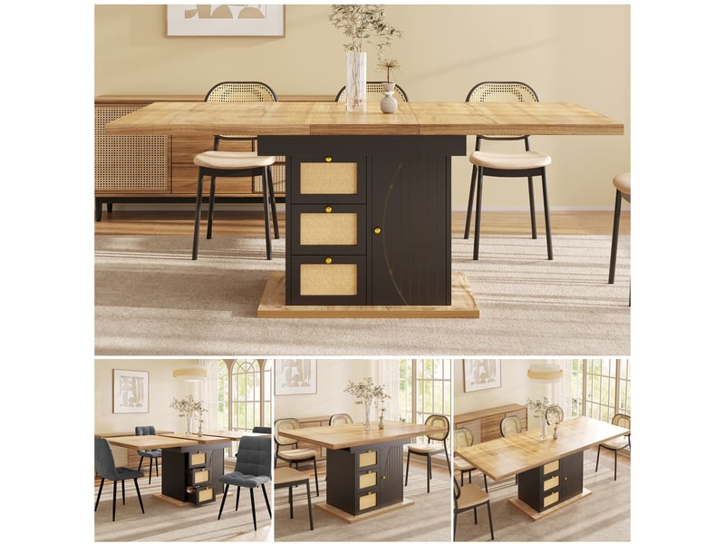  Table à manger extensible 110-140 x 80 x 76 cm, avec 3 tiroirs et placard fermé, façades aspect rotin, poignées dorées, noir  - Conforama B