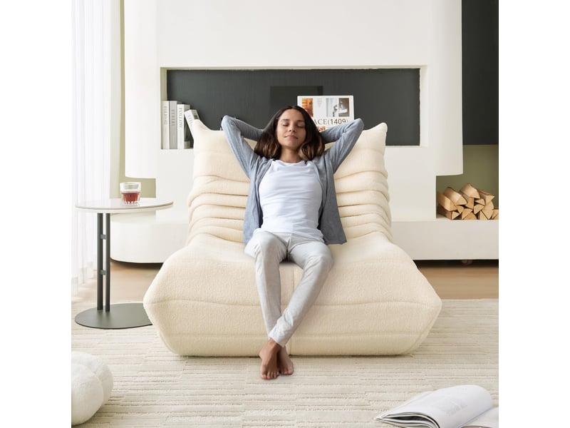  Fauteuil pouf beige en velours teddy avec dossier, assise ergonomique 110x85x79 cm homvra  - Conforama D