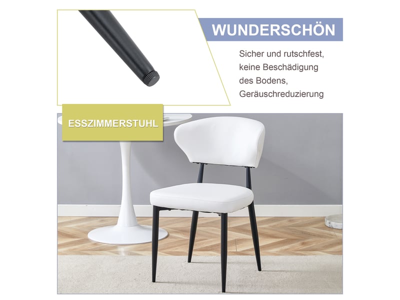  Lot de 2 chaises de salle à manger ergonomiques  - dossier courbé, piètement métal, simili cuir blanc et noir  - Conforama E