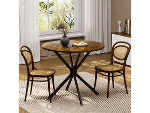 Table à manger ronde 90 cm, plateau marron, pieds métal noirs, 1-4 personnes