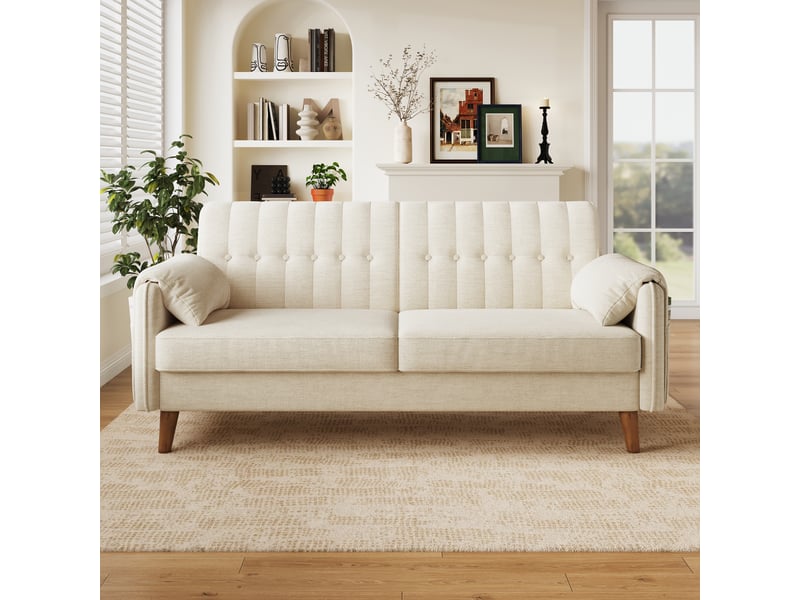  Canapé droit 2 places 161,5x79 cm avec poches latérales et pieds hauts, chenille beige Morn Vibe - Conforama D