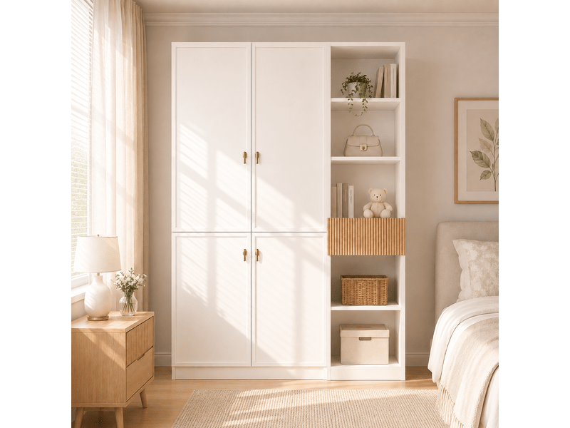 Armoire de chambre 135x50x200 cm, armoire penderie blanche et aspect bois avec 2 barres et 8 compartiments, pour chambre et salon. - Conforama E