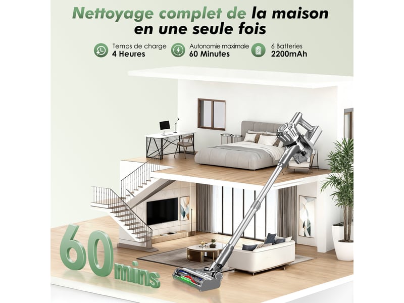  Aspirateur balai auto-portant puissant sans fil42kpa, 60 min d'autonomie, 2 vitesses, 6 en 1, capacité 1,6l, lumière verte  - Conforama C