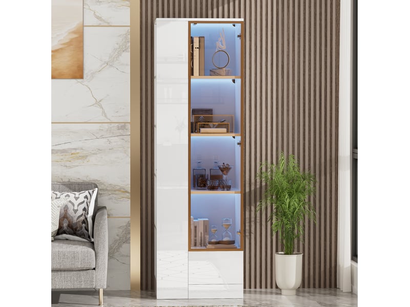  Vitrine haute 50 x 35 x 160 cm – blanche – porte vitrée, led réglable par application, tiroir et niches  - Conforama B