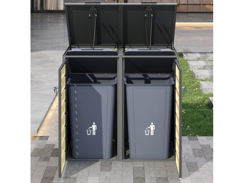  Abri pour poubelles 2 compartiments en acier galvanisé gris effet bois, couvercle hydraulique verrouillable  - Conforama E