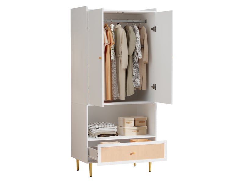  Armoire penderie - 80x48x175cm - 2 portes，1 tiroir en rotin pe tressé, niche &amp; pieds métal doré - blanc  - Conforama A