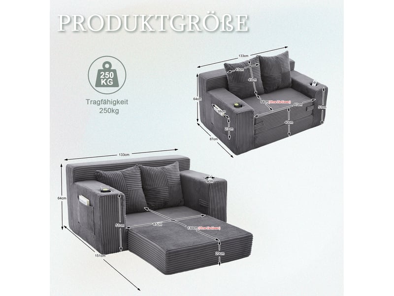  Canapé convertible 2 places 151 x 133 x 64 cm gris en velours côtelé, poches latérales et coussins  - Conforama C